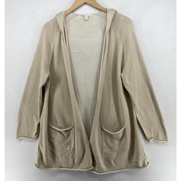 EILEEN FISHER Sweater L Organic Cotton Duster Cardigan Hoodie Open Front Beige - Picture 2 of 11
